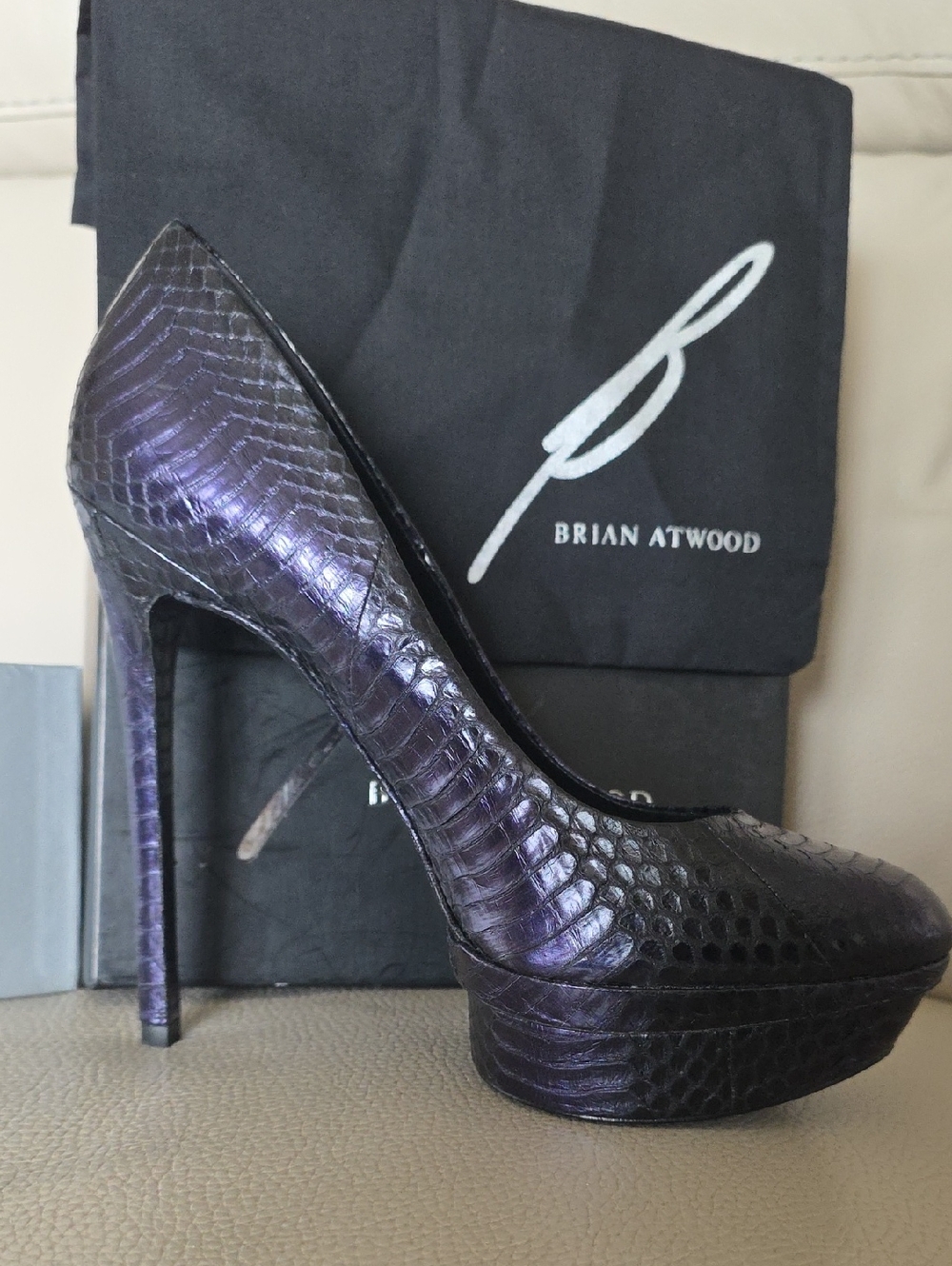 Brian Atwood Iridescent Purple Snakeskin Platform Pump